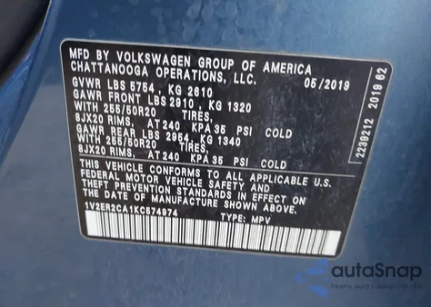 2019 Volkswagen Atlas 3.6L V6 Sel z USA, uszkodzony, nr VIN 1V2ER2CA1KC574974